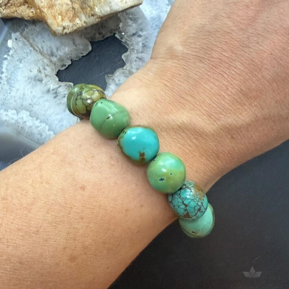 Vintage Sterling Silver 12 Large Turquoise Beads 6.75" Bracelet For Women